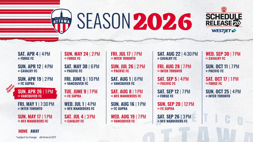Atlético Ottawa Unveils 2026 Canadian Premier League Schedule, Presented by WestJet